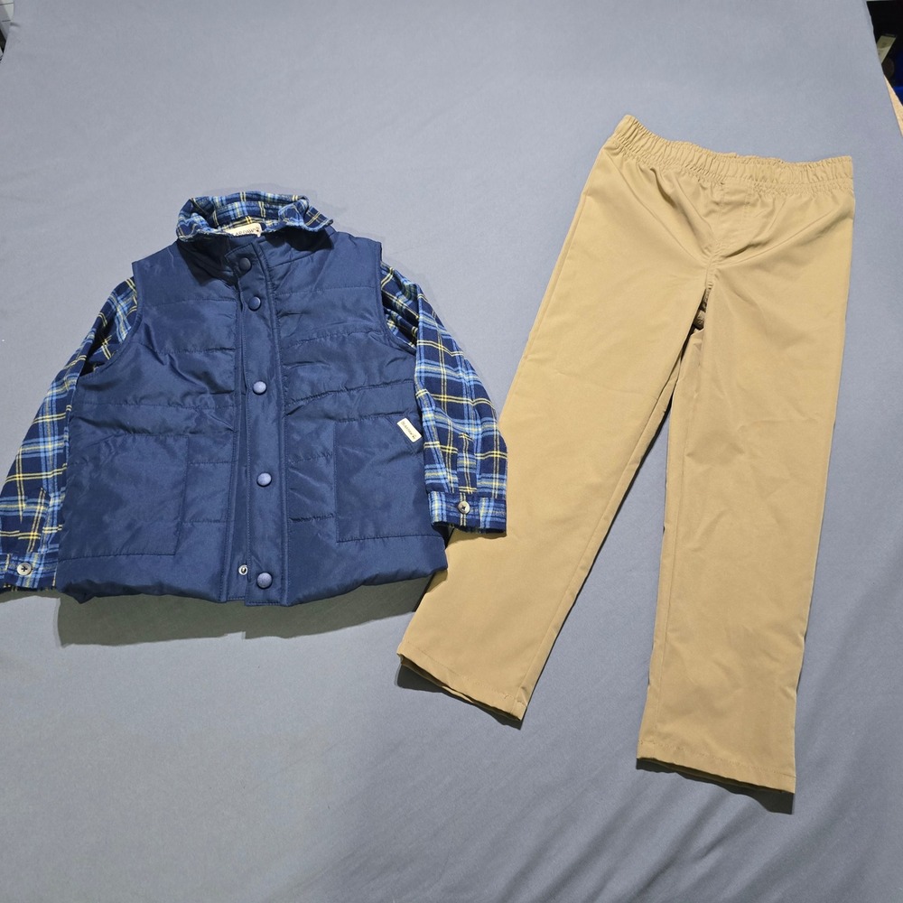 Bearpaw 3-Piece Outfit Set Kids 5/6 Blue Tan Plaid Puffer Vest Flannel Pants